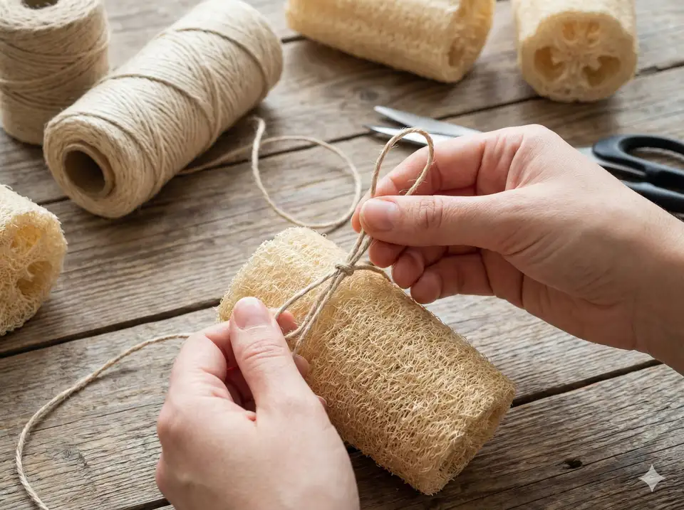 Sewing or tying loop handle on loofah scrubber