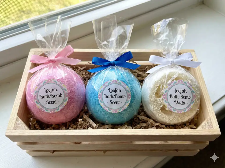 Professionally packaged loofah bath bomb in shrink wrap with label