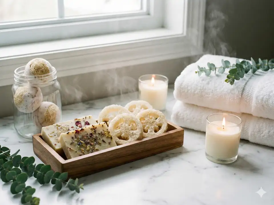 Spa-inspired bathroom counter with loofah soaps, bath bombs, and scrubbers arranged with candles and white towels
