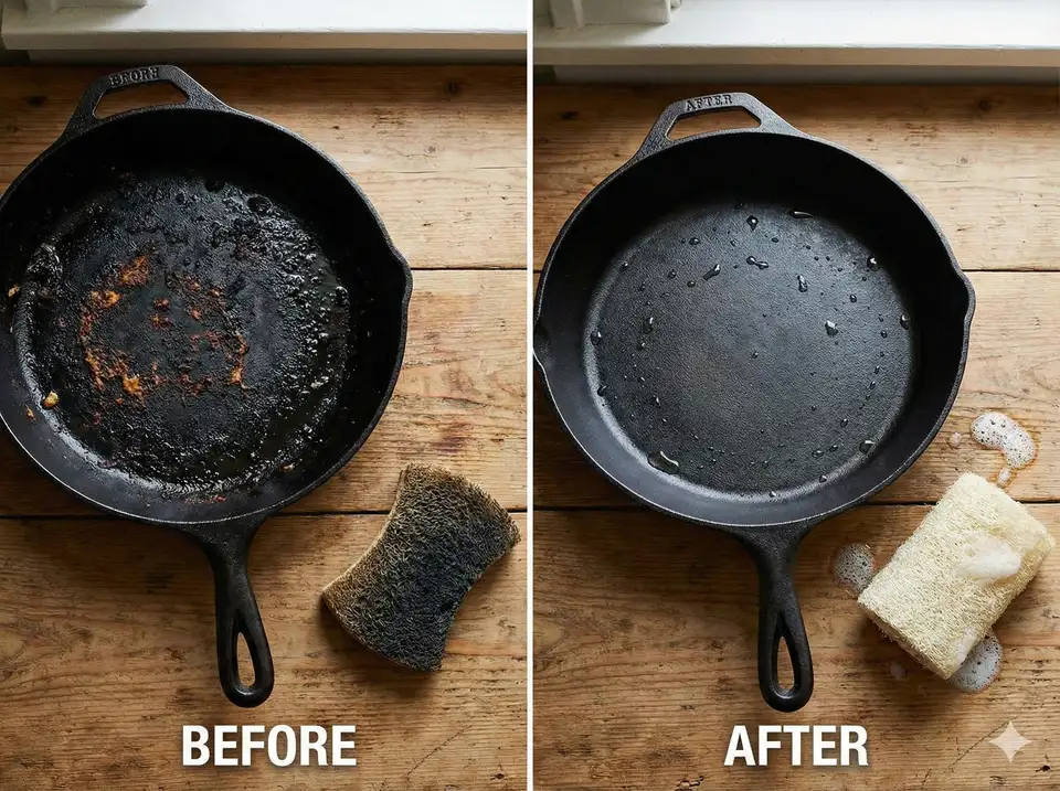Split image of dirty and cleaned pot showing scrubbing power