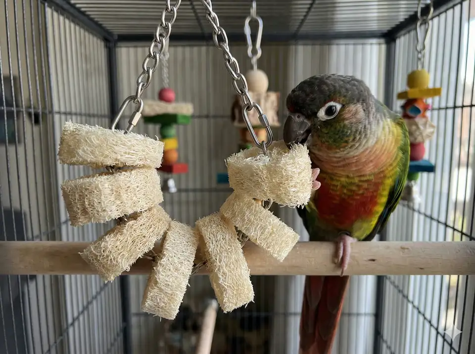 Loofah pieces on chain for bird cage enrichment