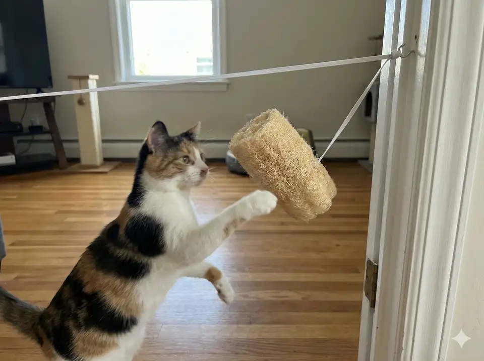 Small loofah pieces attached to string for cat play
