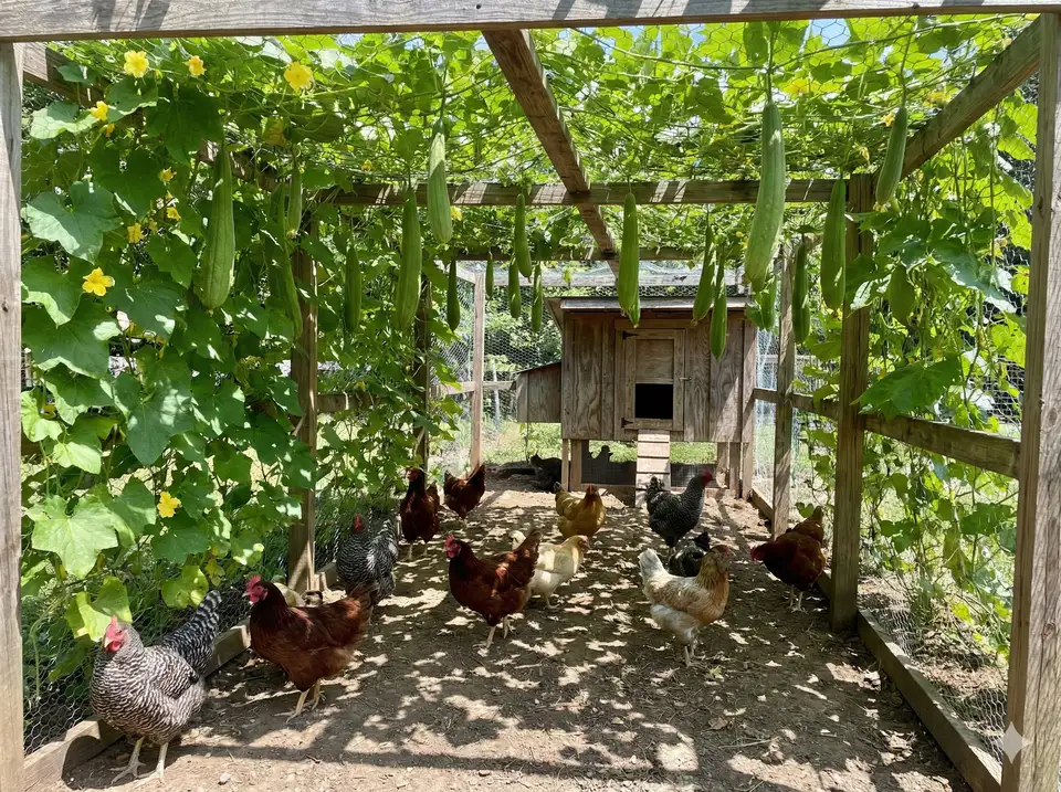 Loofah plants shading poultry run or coop area