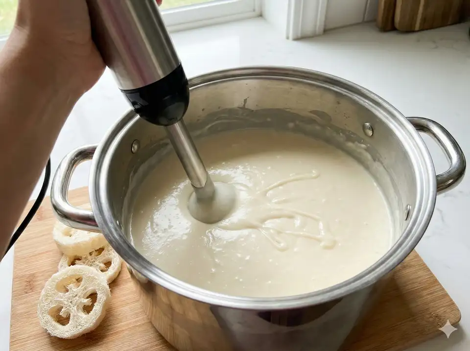 Stick blender in stainless steel pot showing proper trace consistency for embedding loofah