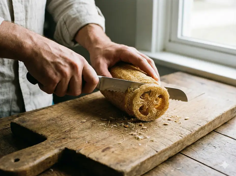 Close-up of hands cutting dried loofah with bread knife on wooden cutting board, showing technique