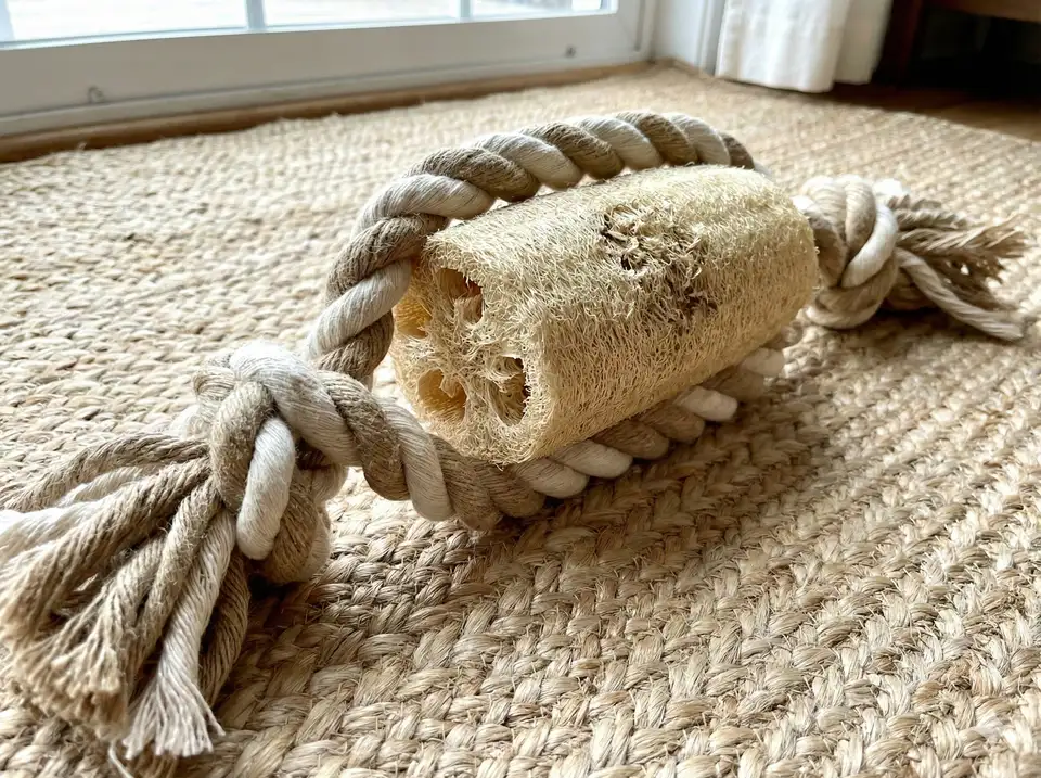 Rope tug toy with loofah center piece for dogs