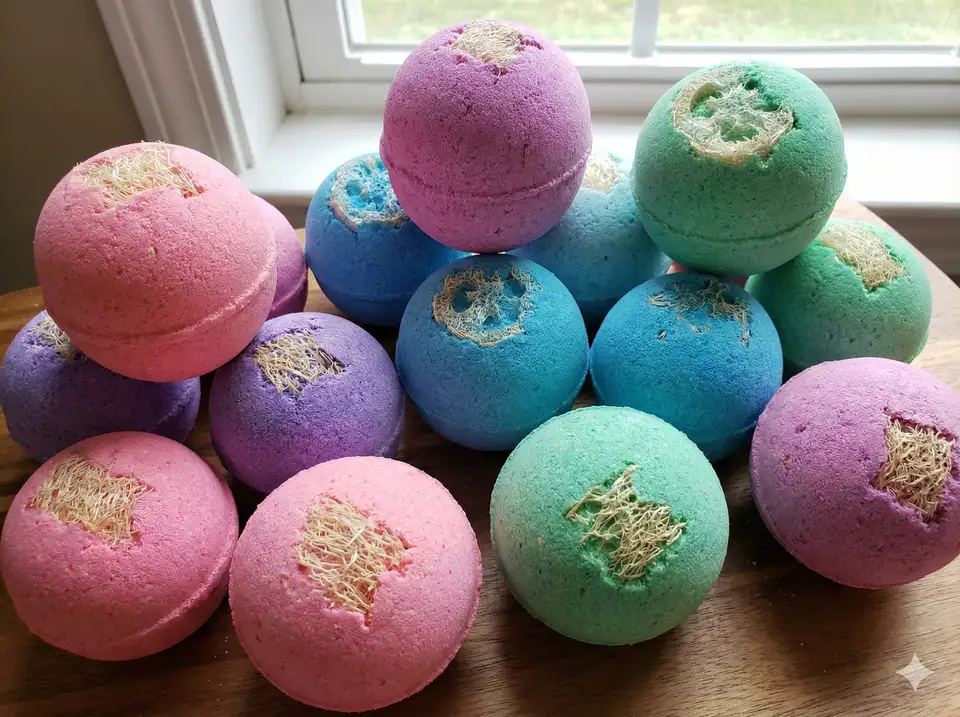 Finished loofah bath bombs ready for use or gifting