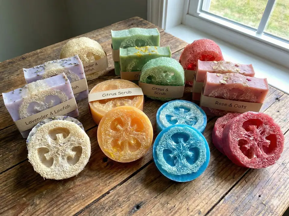 Assortment of completed loofah embedded soap bars showing different colors, scents, and loofah patterns