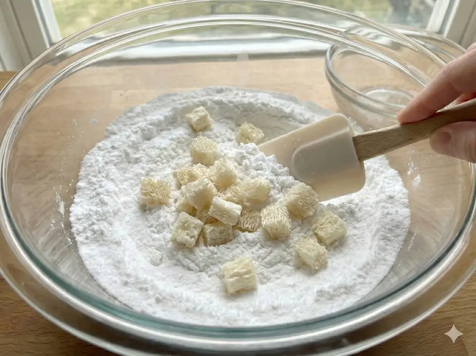Folding small loofah pieces into the bath bomb mixture