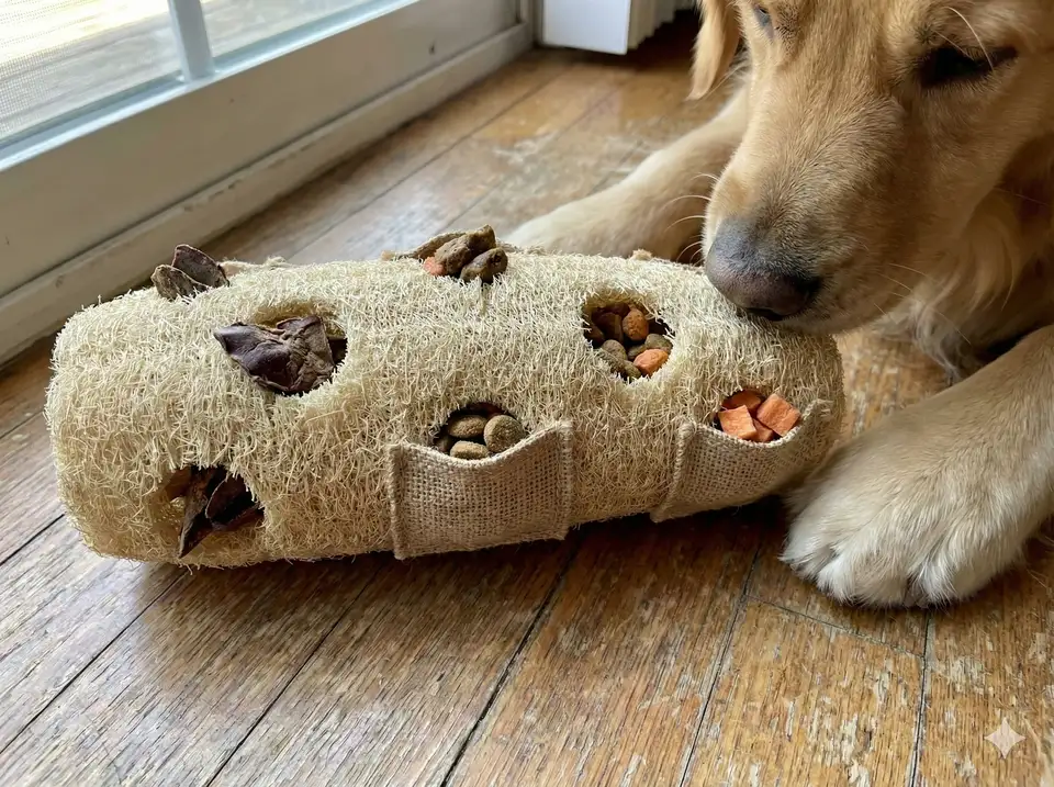 Treat-dispensing loofah toy for dogs or cats