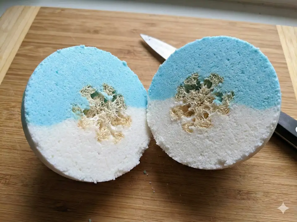 Cross-section of layered bath bomb showing embedded loofah between color layers