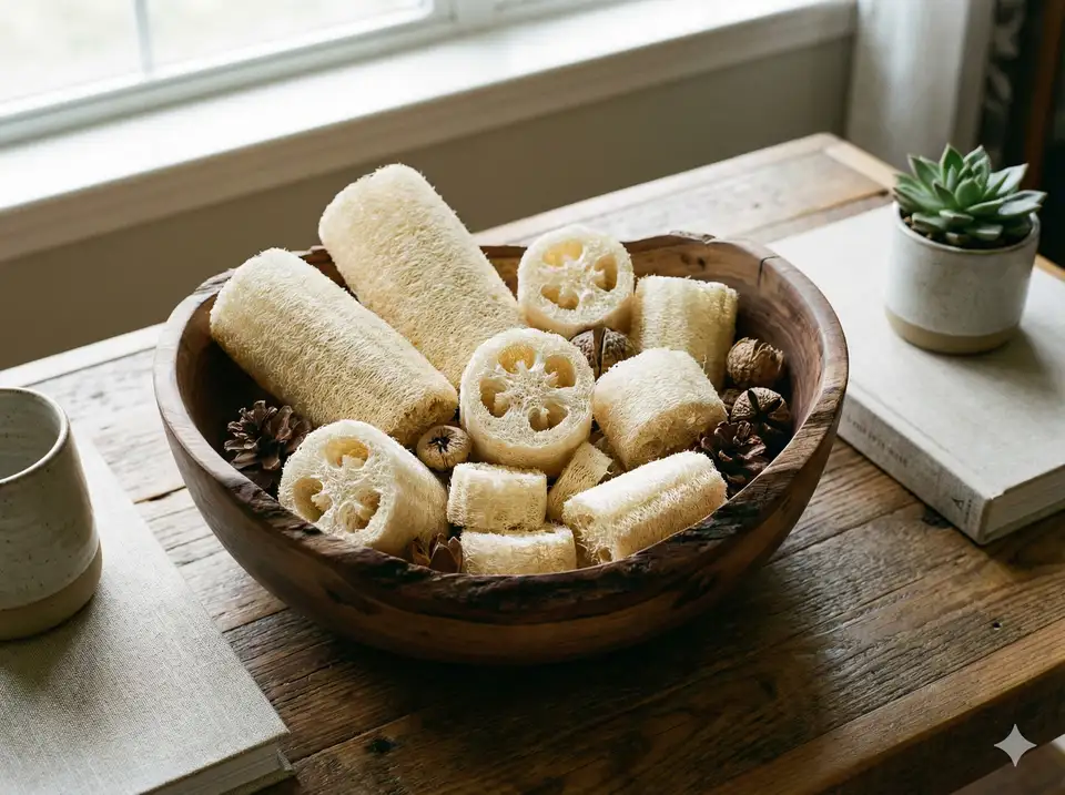 Decorative bowl filled with stacked loofah slices