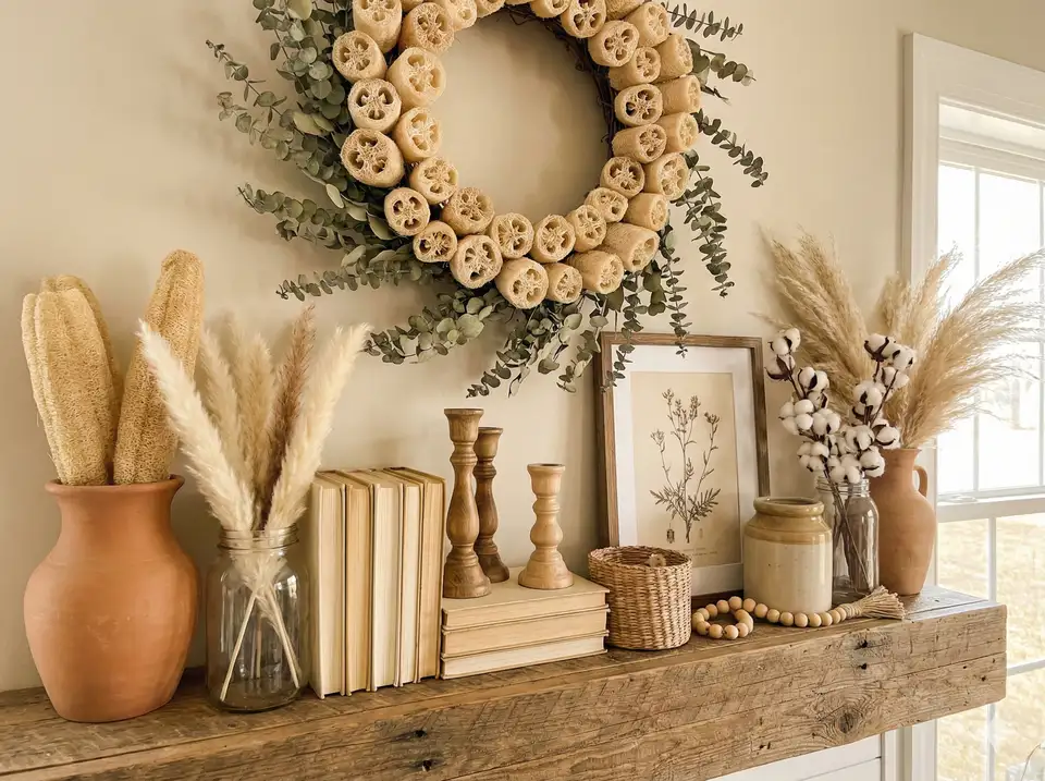 Styled bookshelf or mantel with loofah wreaths, vases, and decorative objects in neutral farmhouse aesthetic