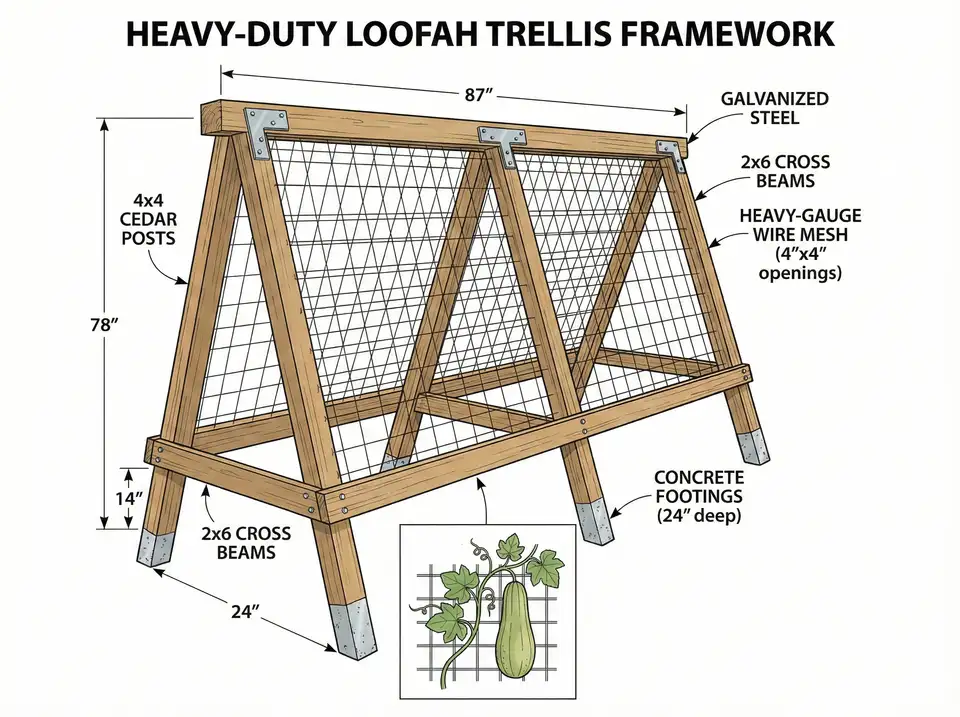 Loofah vines growing on pergola creating natural garden shade