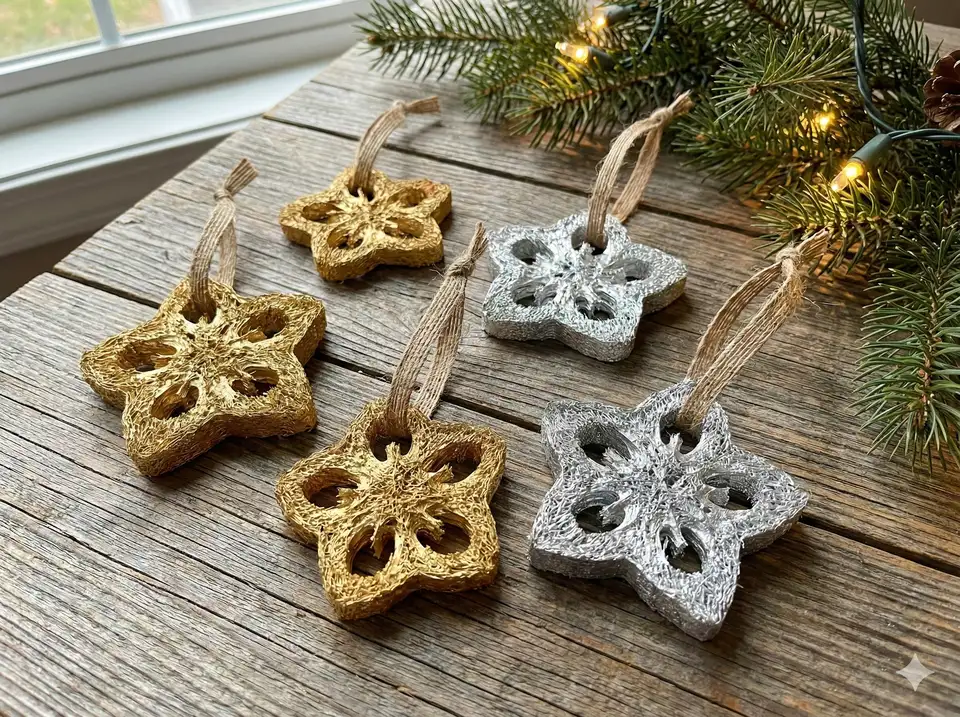 Star-shaped loofah pieces painted metallic gold and silver with hanging ribbon attached