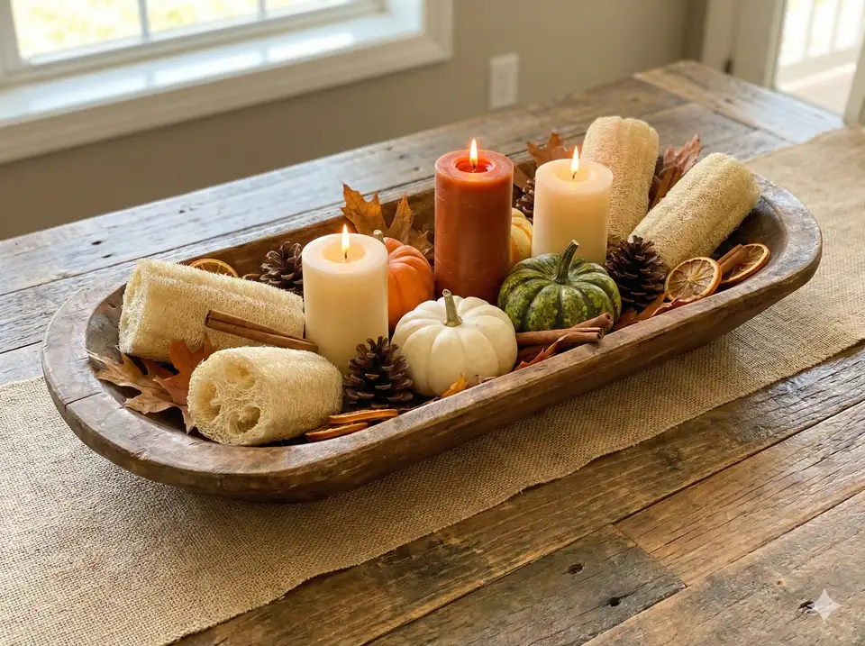 Dining table centerpiece using loofah and natural elements