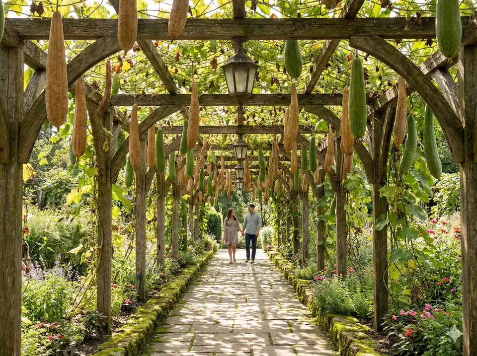 Garden path with arched loofah vine tunnel