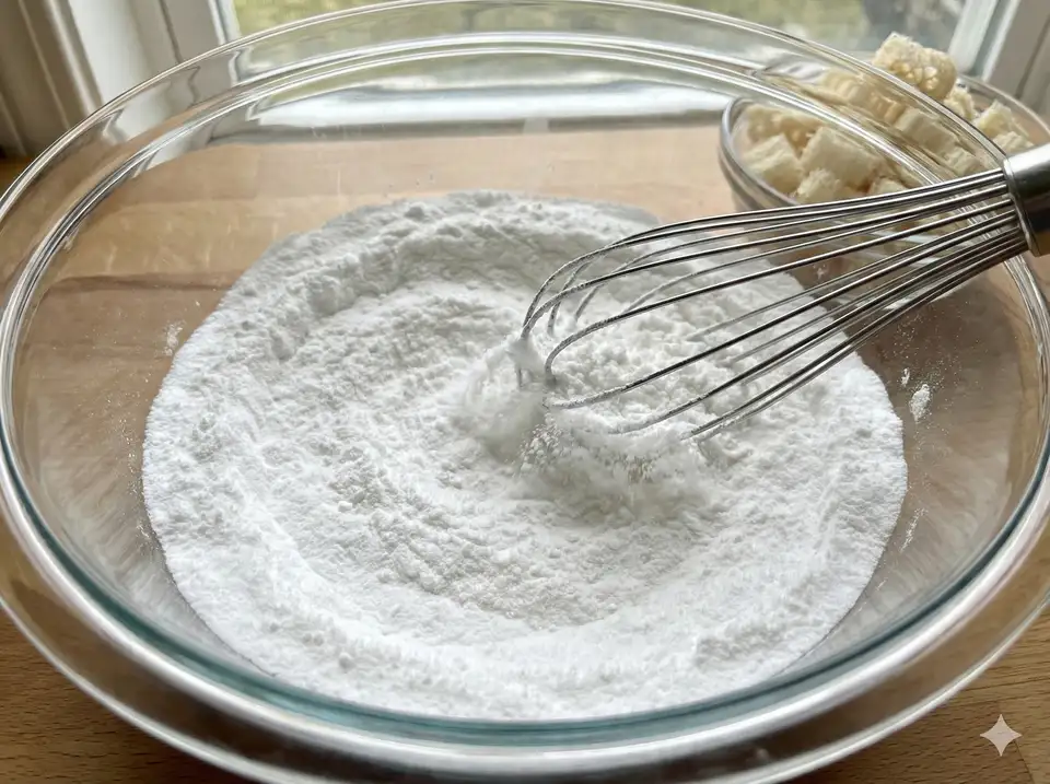 Whisking dry ingredients together in a large mixing bowl