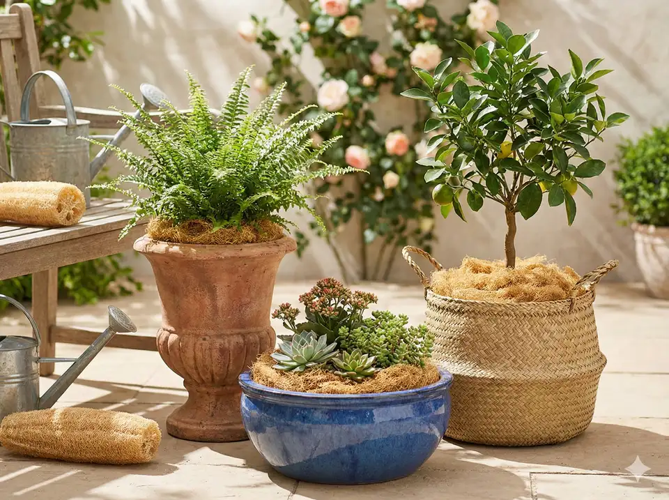 Potted plants with loofah mulch top dressing