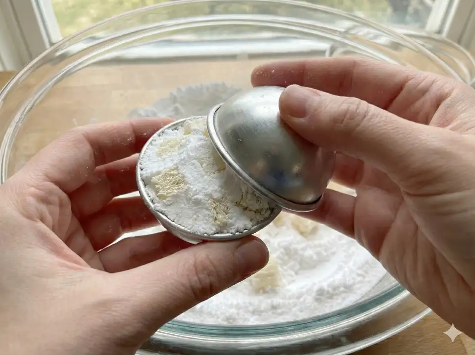 Firmly packing bath bomb mixture into metal sphere molds