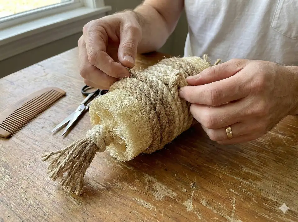 Inspecting loofah pet toy for safety before giving to animal