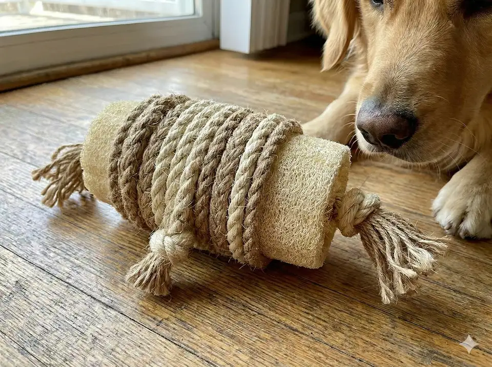 Loofah completely wrapped in sisal or cotton rope