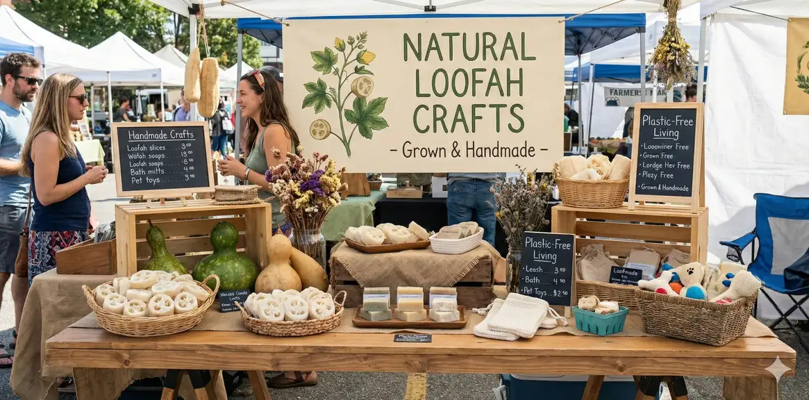 Professional craft fair booth displaying loofah products