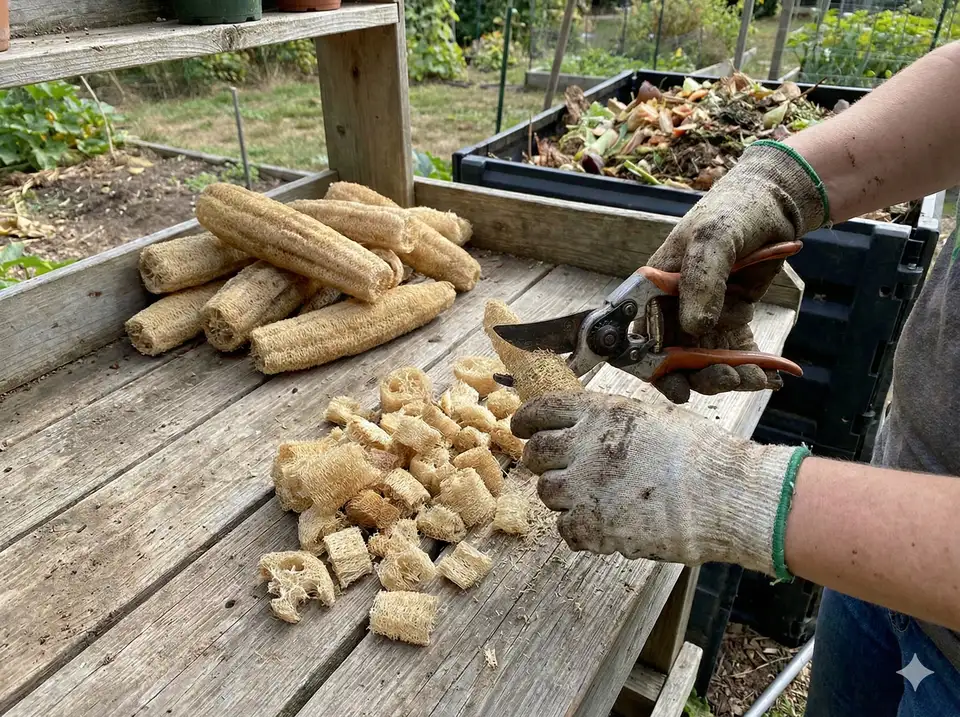 Cutting loofah into small pieces for faster composting