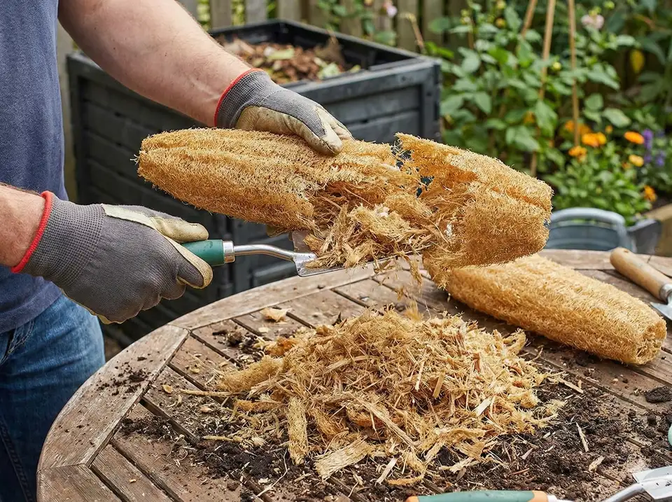 Creating loofah mulch by shredding old loofahs