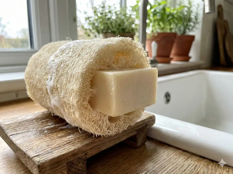 Loofah scrubber with embedded bar soap for dishes