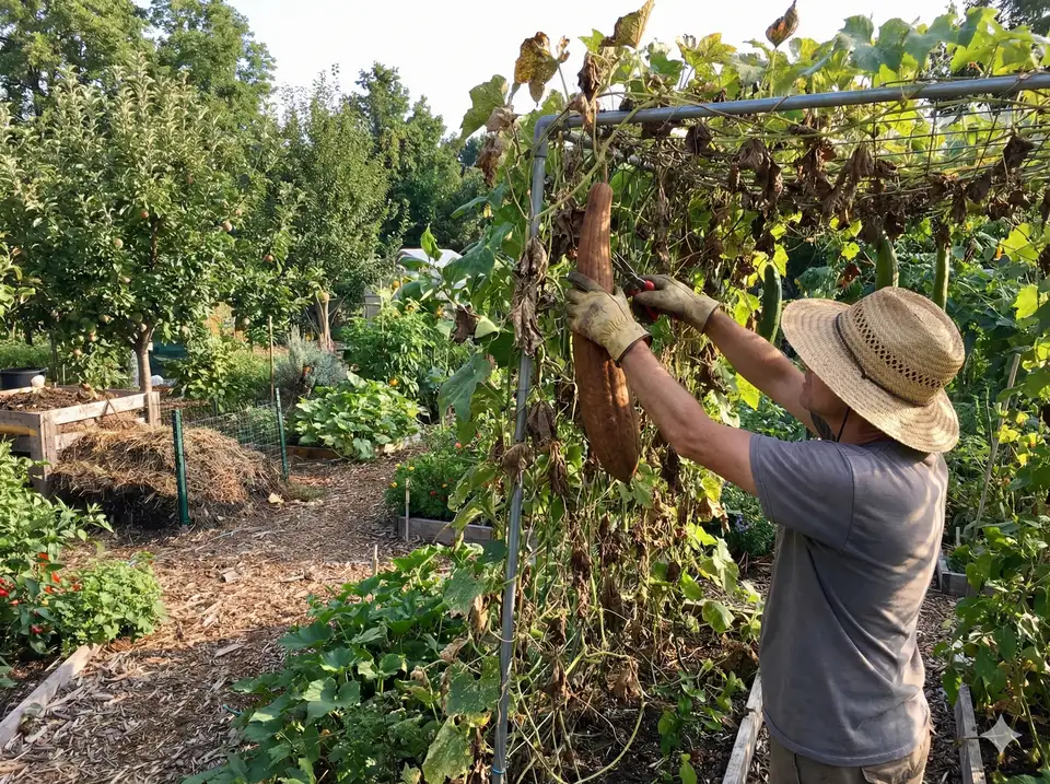 Sustainable harvest of loofah in permaculture setting