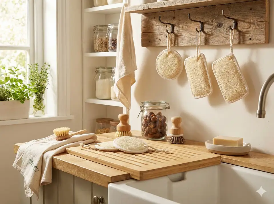 Plastic-free kitchen featuring loofah scrubbers