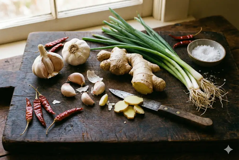 Fresh garlic cloves ginger root scallions and chili for luffa recipes
