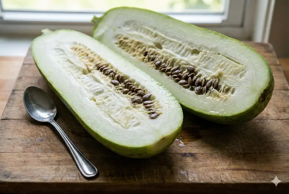 Luffa gourd cut lengthwise in half showing interior seeds
