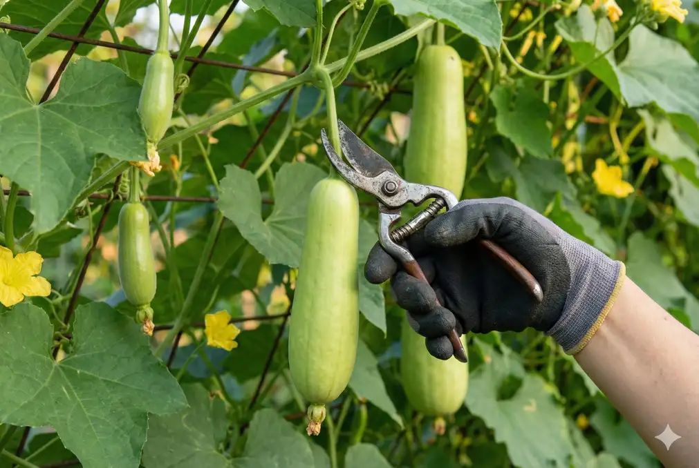Hand harvesting young luffa from vine at edible stage
