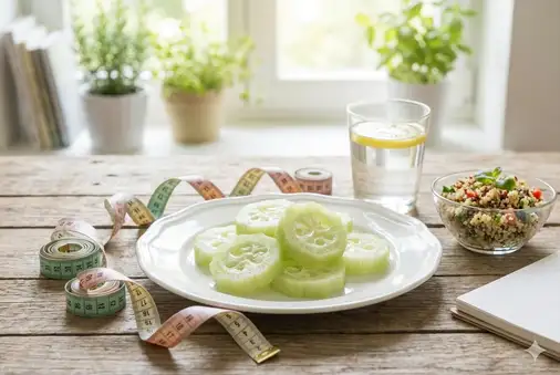 Luffa on plate with measuring tape showing diet-friendly vegetable