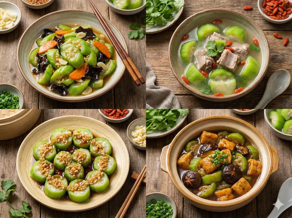 Grid showing luffa prepared four ways - stir-fry soup steamed braised