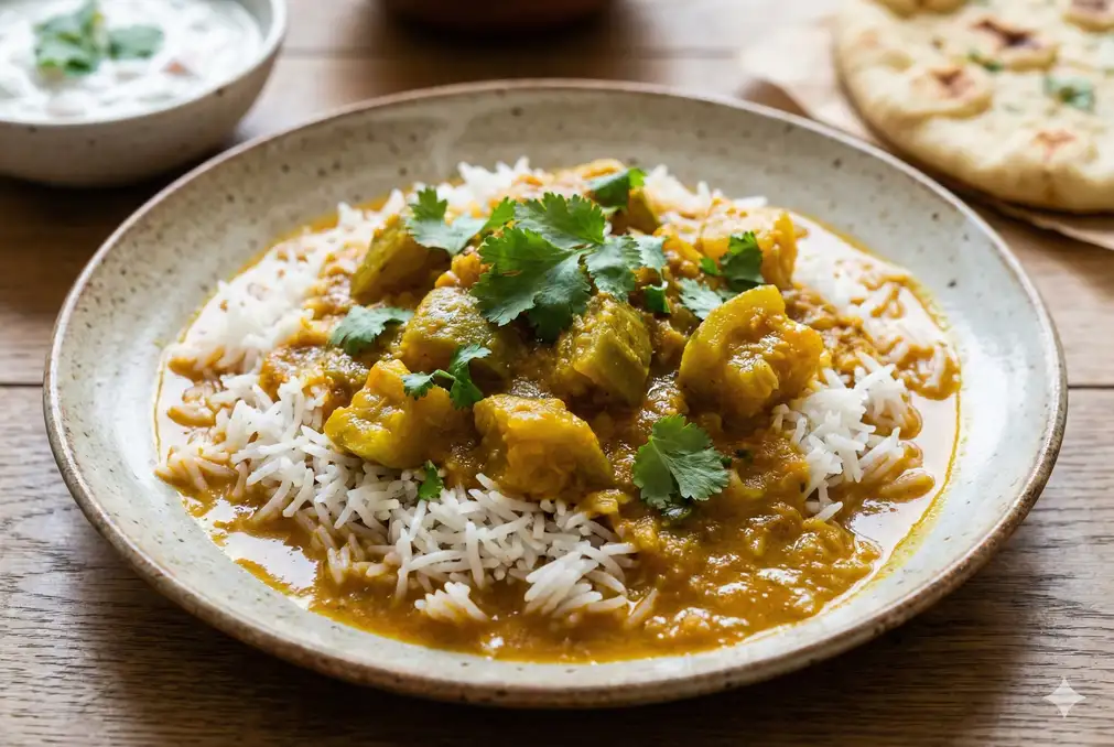 Luffa curry served over steamed basmati rice on plate