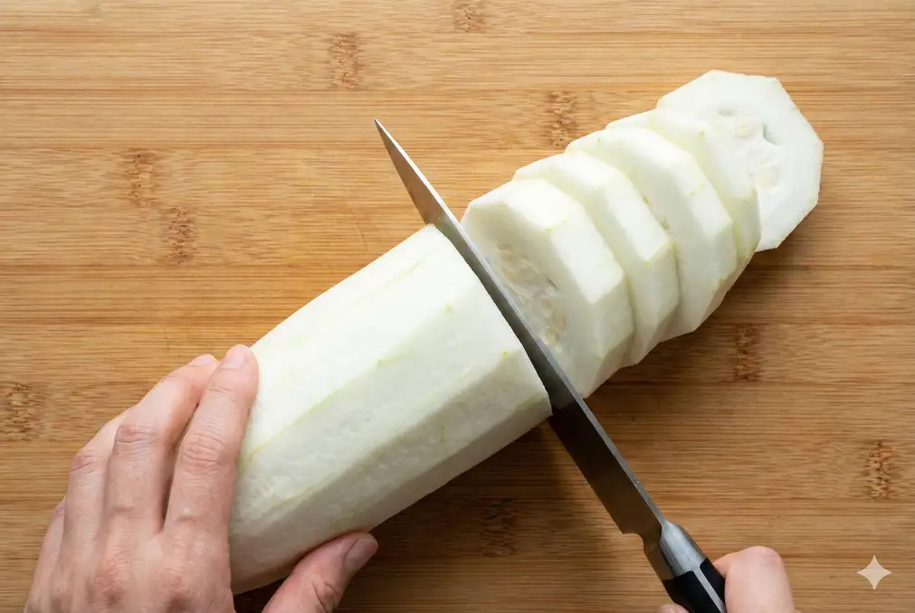 Luffa gourd being cut into diagonal slices on bamboo cutting board