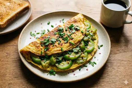 Golden folded luffa omelette served on a white plate with garnish
