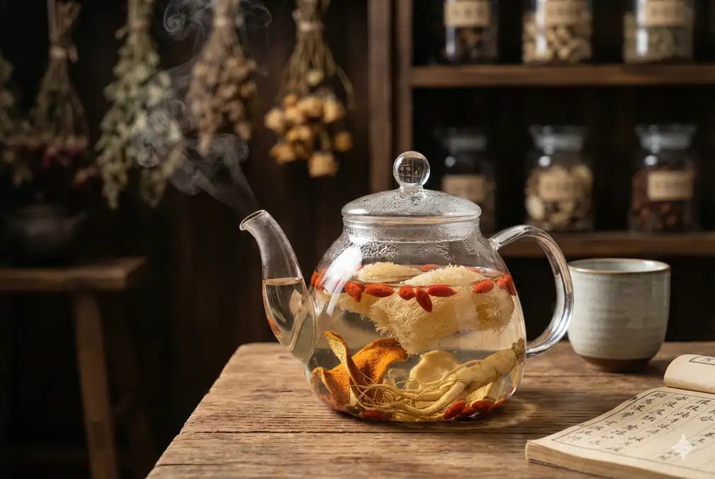 Luffa pieces in traditional herbal tea preparation