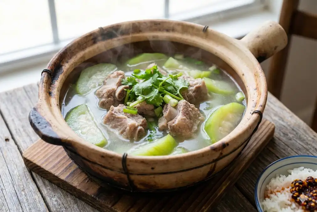 Traditional Chinese luffa and pork rib soup in clay pot