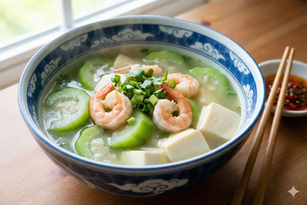 Luffa soup with shrimp and tofu in Asian soup bowl