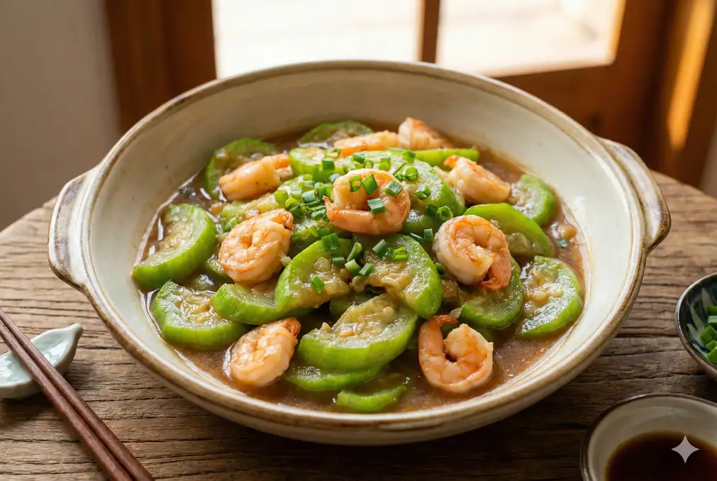 Luffa and shrimp stir-fry with pink shrimp and green vegetables