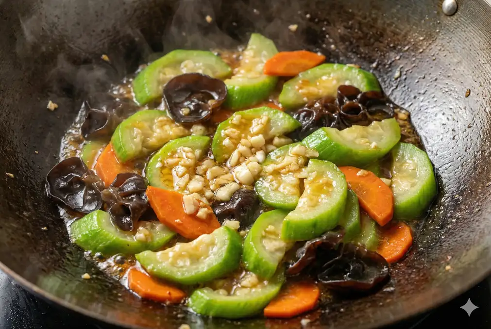 Luffa stir-fry in wok with garlic sauce coating vegetables