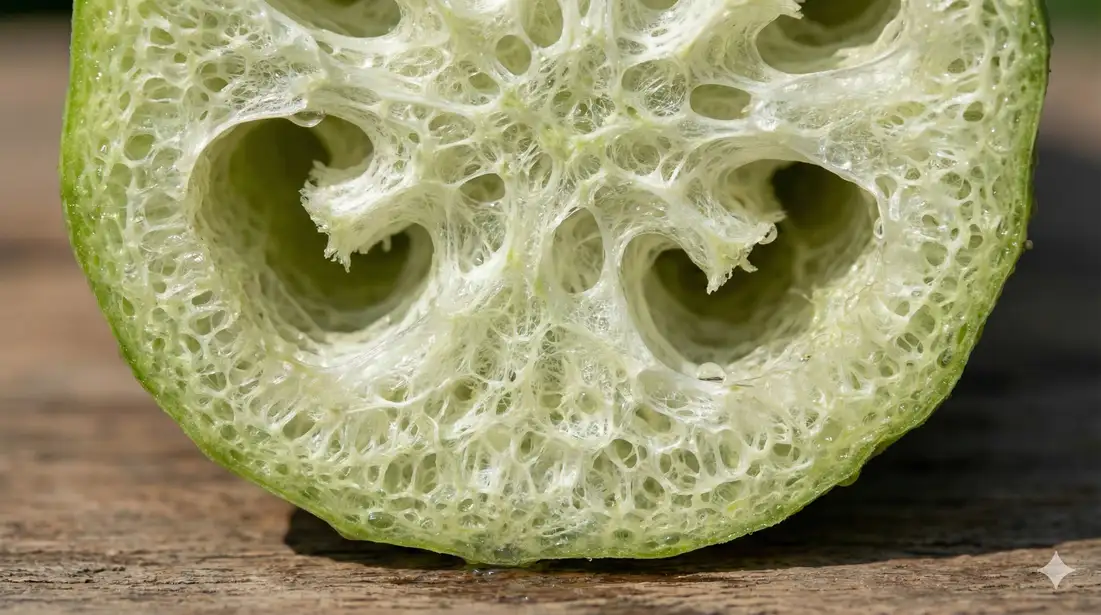 Extreme close-up of luffa flesh showing texture and color