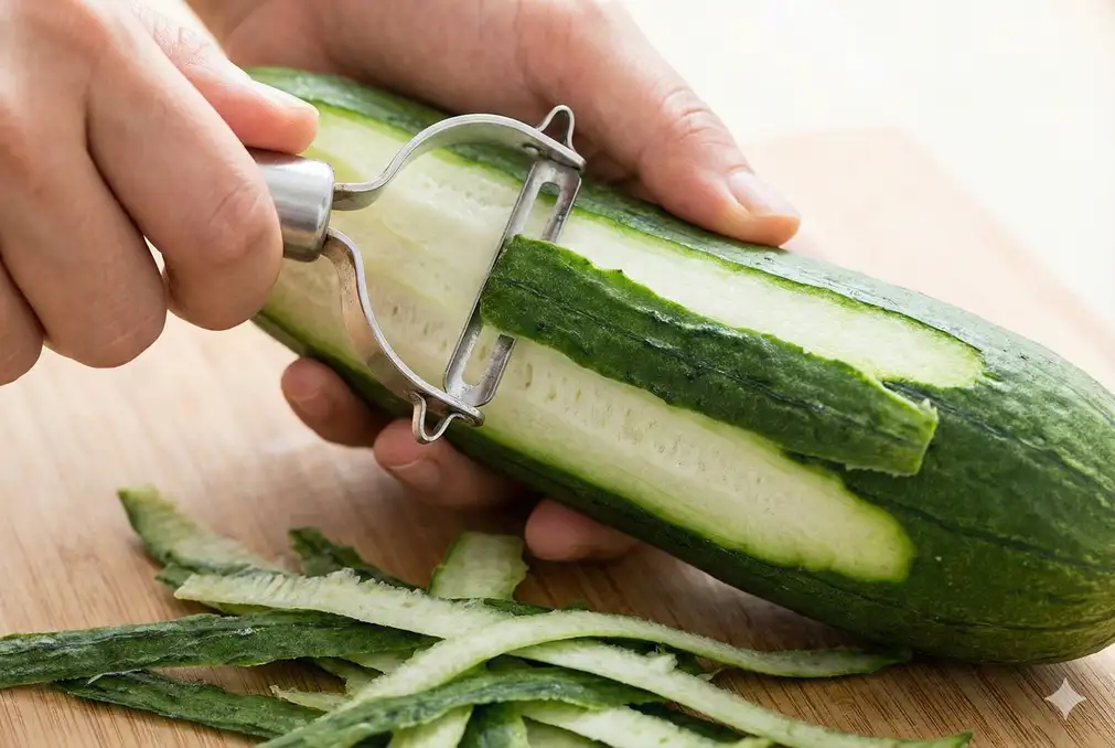 Close-up of peeling luffa skin showing ridged texture being removed