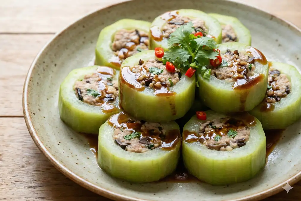 Stuffed luffa sliced to show meat filling inside cooked gourd