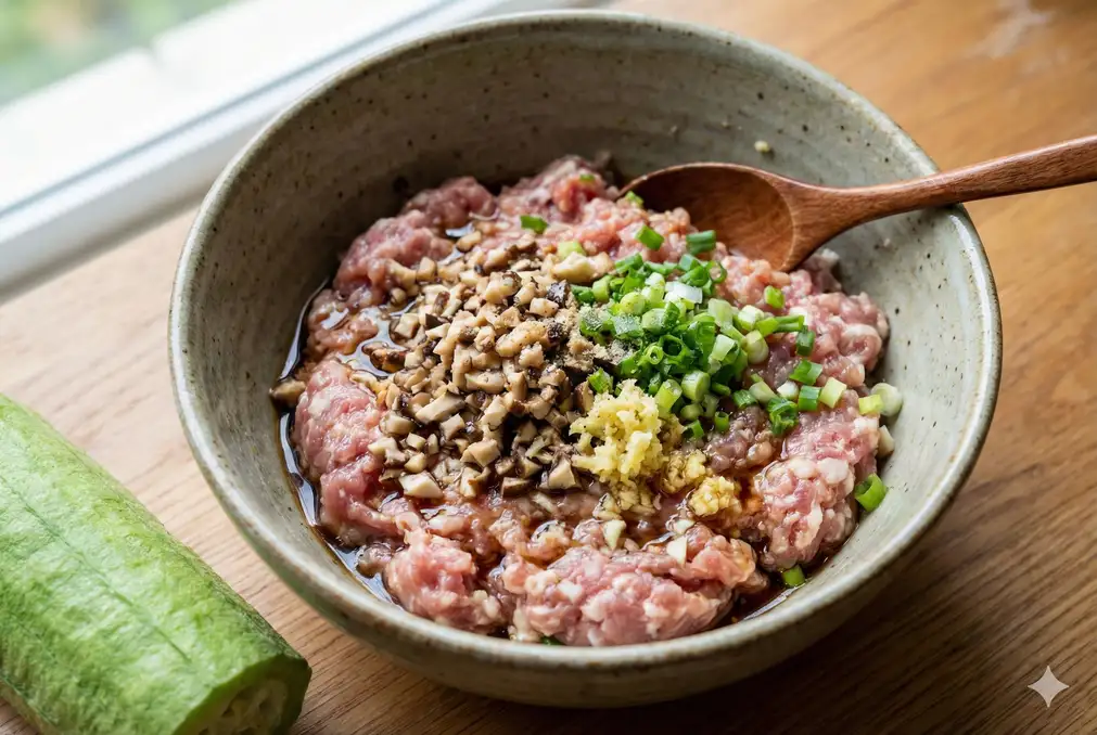 Ground pork filling mixture with mushrooms and seasonings in bowl