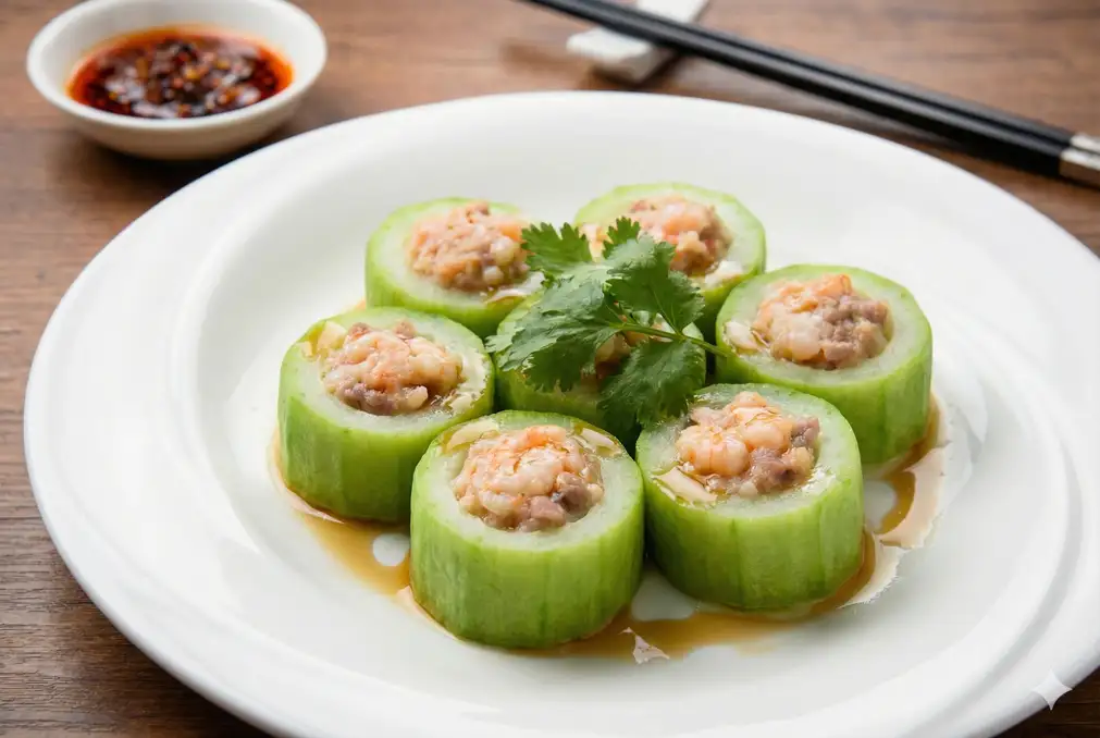 Stuffed luffa with shrimp and pork filling plated elegantly